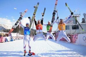 The French Cross Country Ski Team  just after winning a bronze medal at the Sochi Olympics