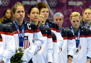 The USA Women’s Hockey Team  just after winning a silver medal at the Sochi Olympics